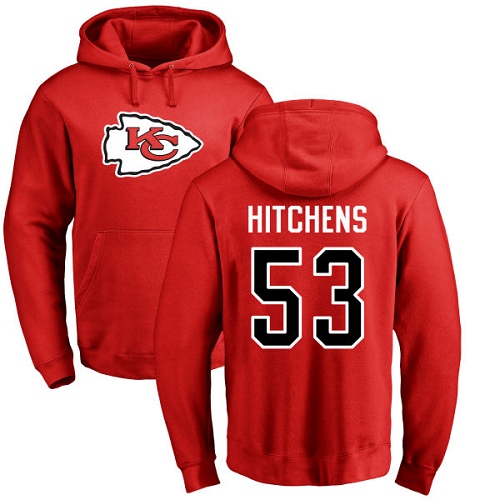 Men Kansas City Chiefs 53 Hitchens Anthony Red Name and Number Logo Pullover NFL Hoodie Sweatshirts